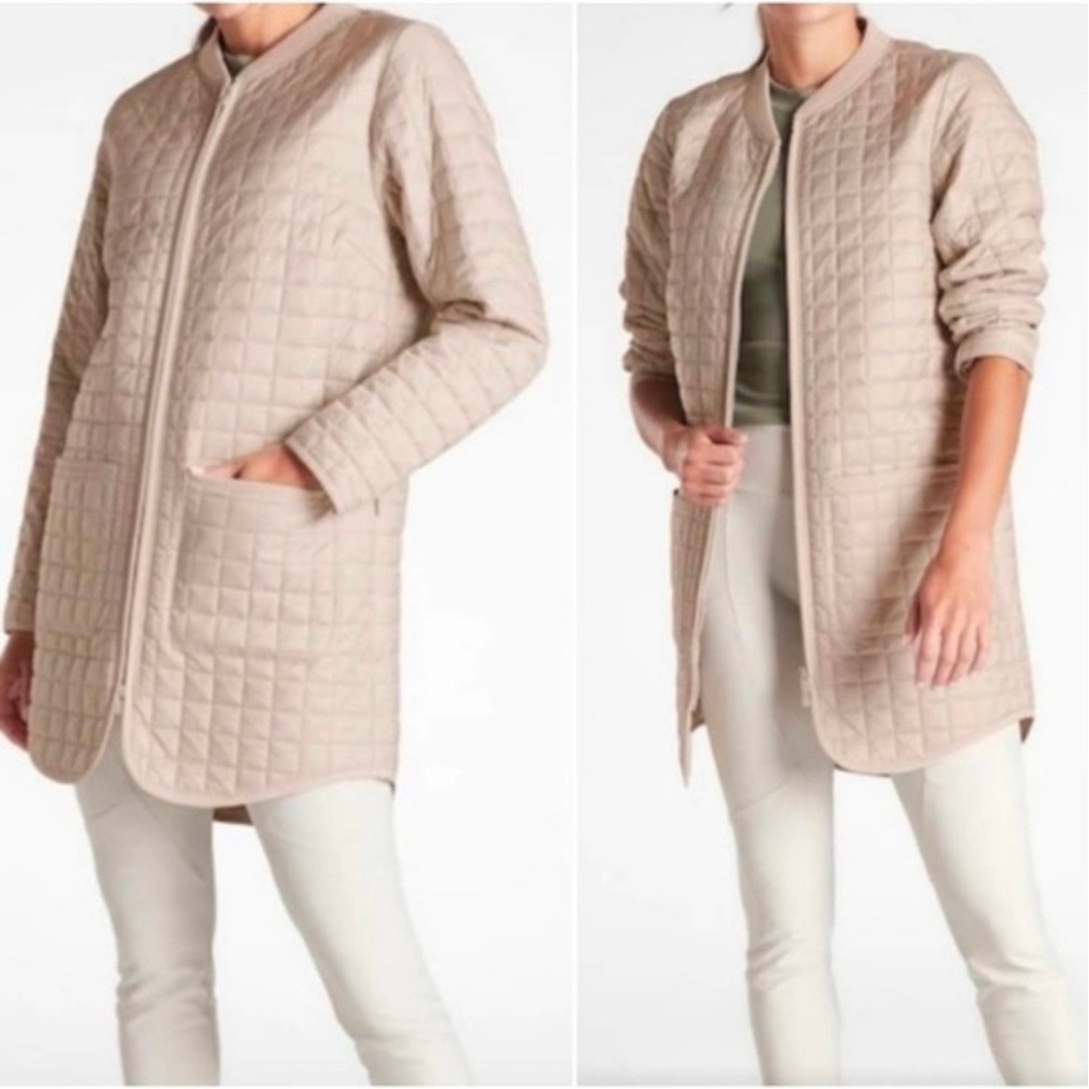 Athleta Whisper Featherless Long Bomber Jacket Beige Quilted Zip Coat 350834 L